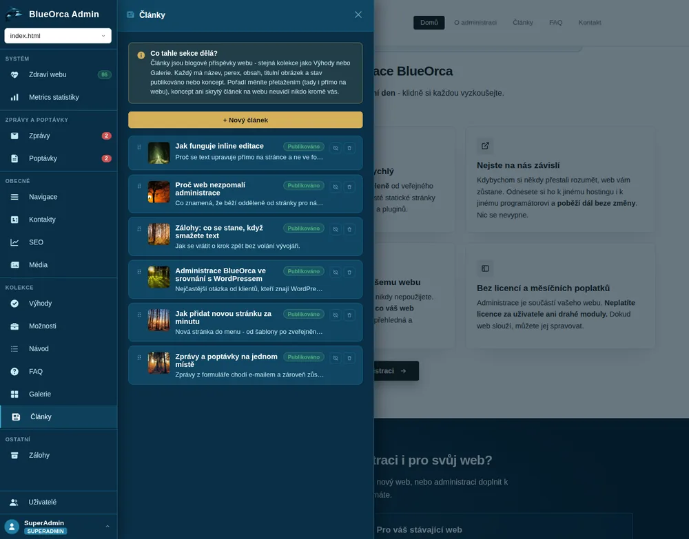 Dnešní administrace BlueOrca otevřená přes stránku